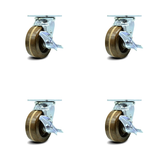 5 Inch High Temp Phenolic Swivel Caster Set with Roller Bearings and Brakes SCC
